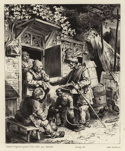 Straatverkoper belt aan bij een huis door Christian Wilhelm Ernst Dietrich